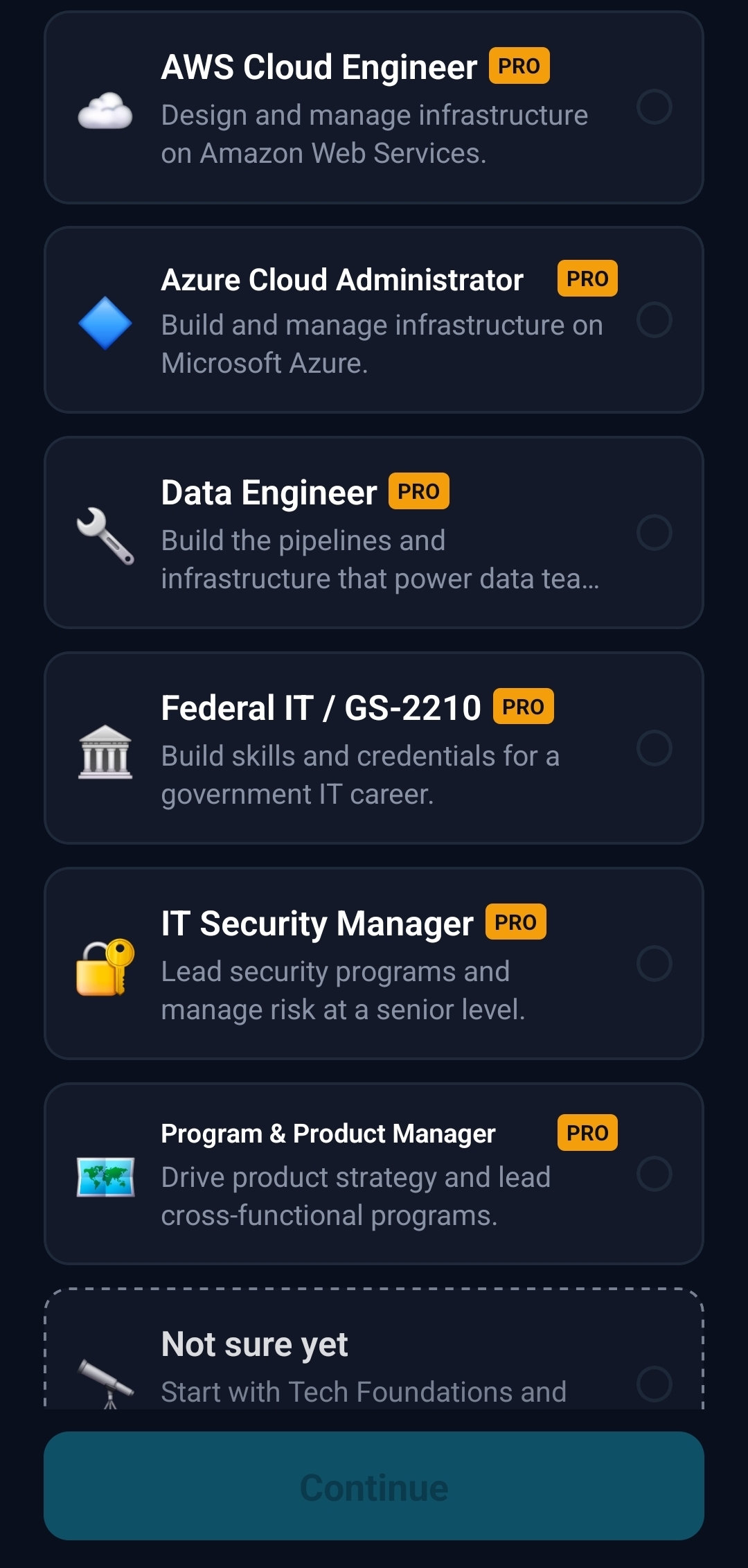 PathwayIQ career track selection screen showing Pro-locked advanced tracks including AWS Cloud Engineer, Azure Cloud Administrator, Data Engineer, and Federal IT